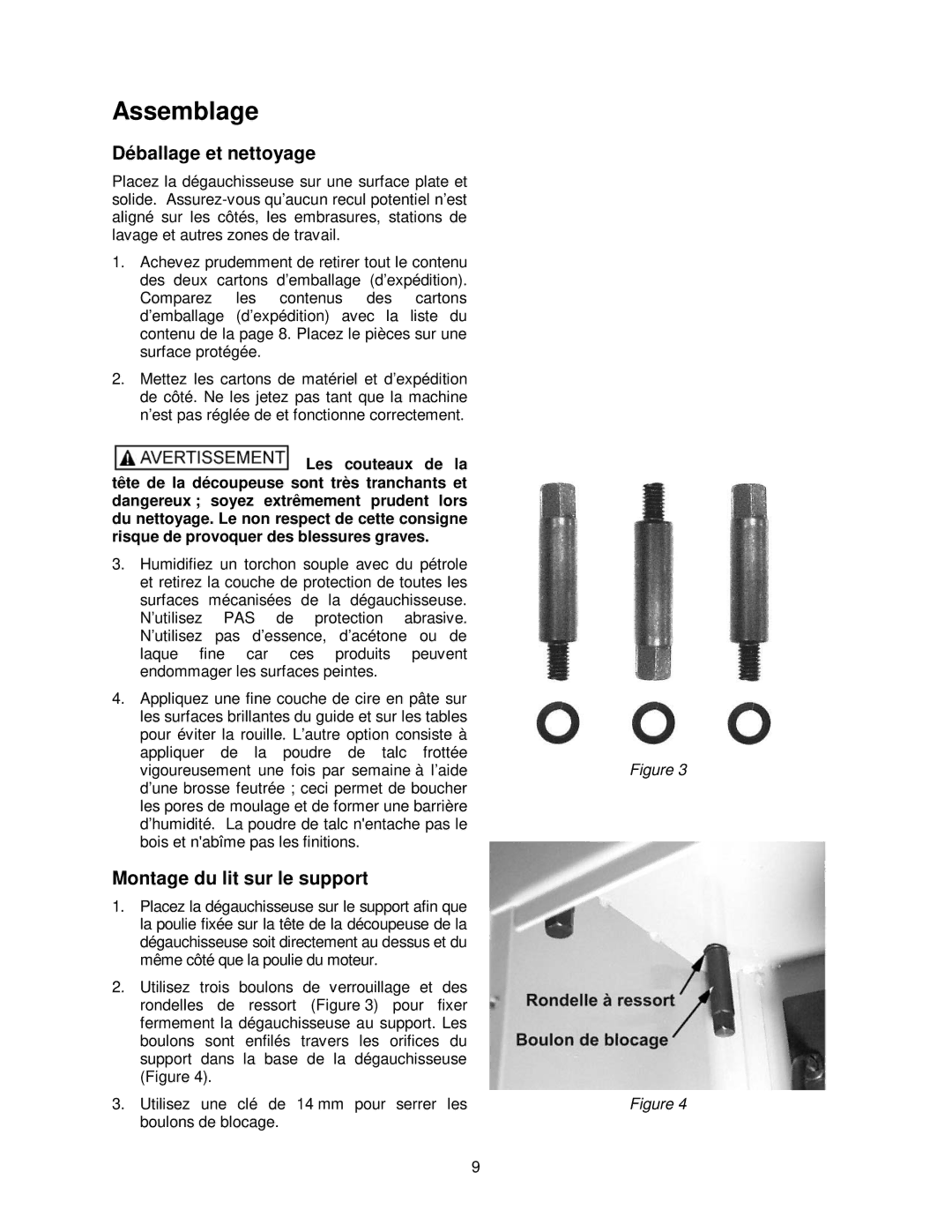 Powermatic 54HH, 54A operating instructions Assemblage, Déballage et nettoyage, Montage du lit sur le support 