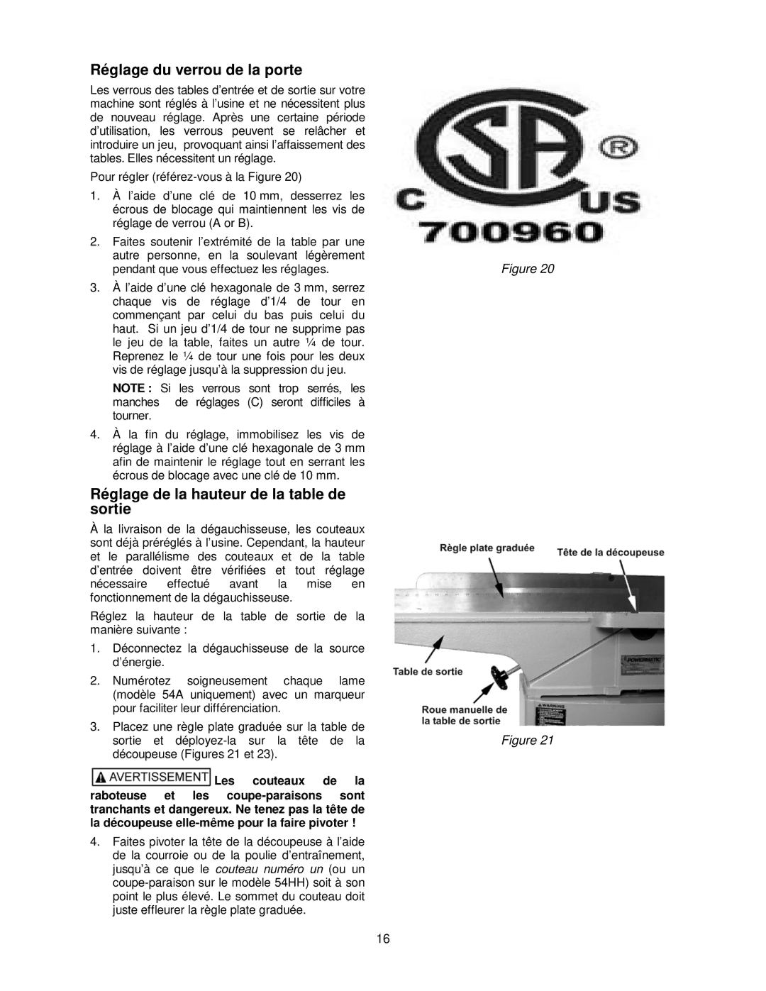 Powermatic 54A, 54HH operating instructions Réglage du verrou de la porte, Réglage de la hauteur de la table de sortie 