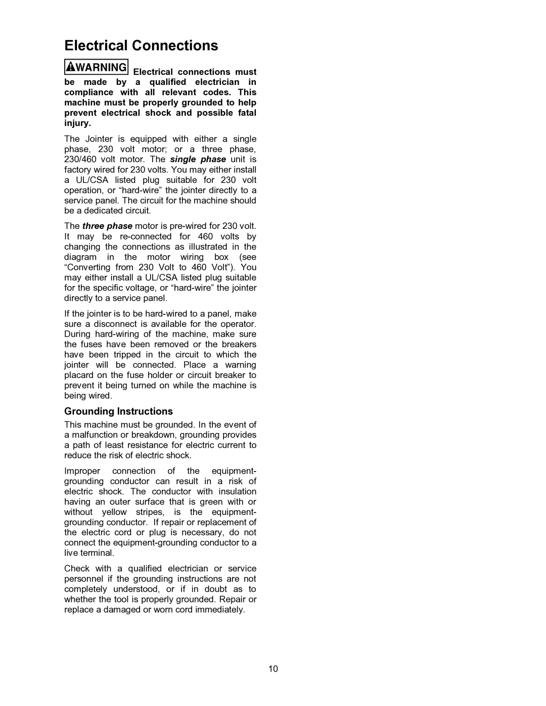 Powermatic 60B operating instructions Electrical Connections, Grounding Instructions 