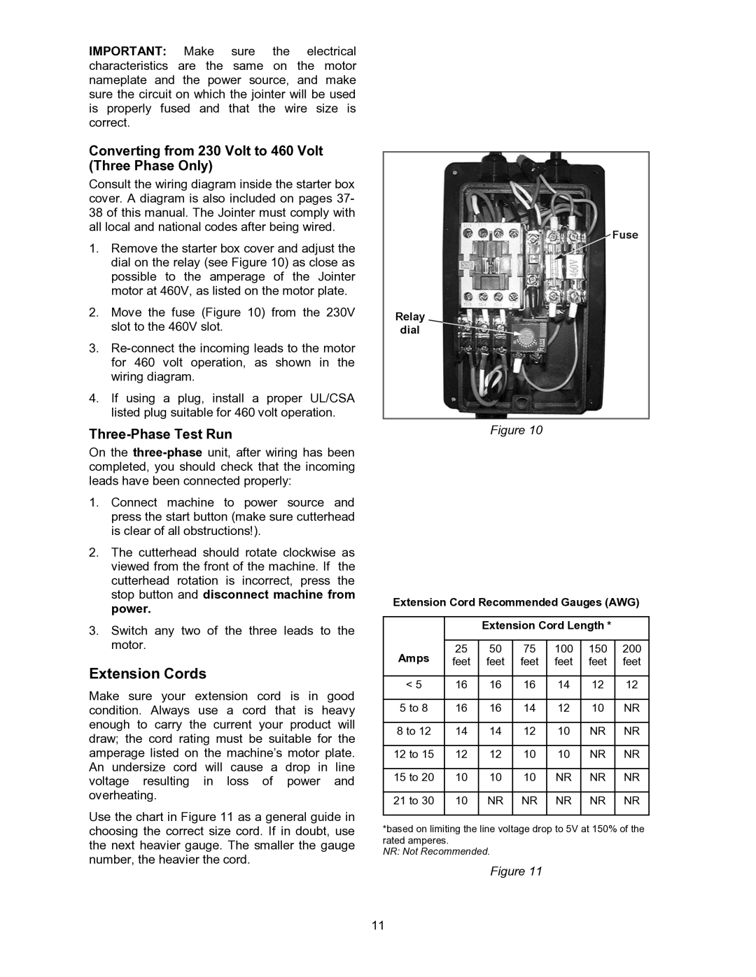 Powermatic 60B operating instructions Extension Cords, Converting from 230 Volt to 460 Volt Three Phase Only 