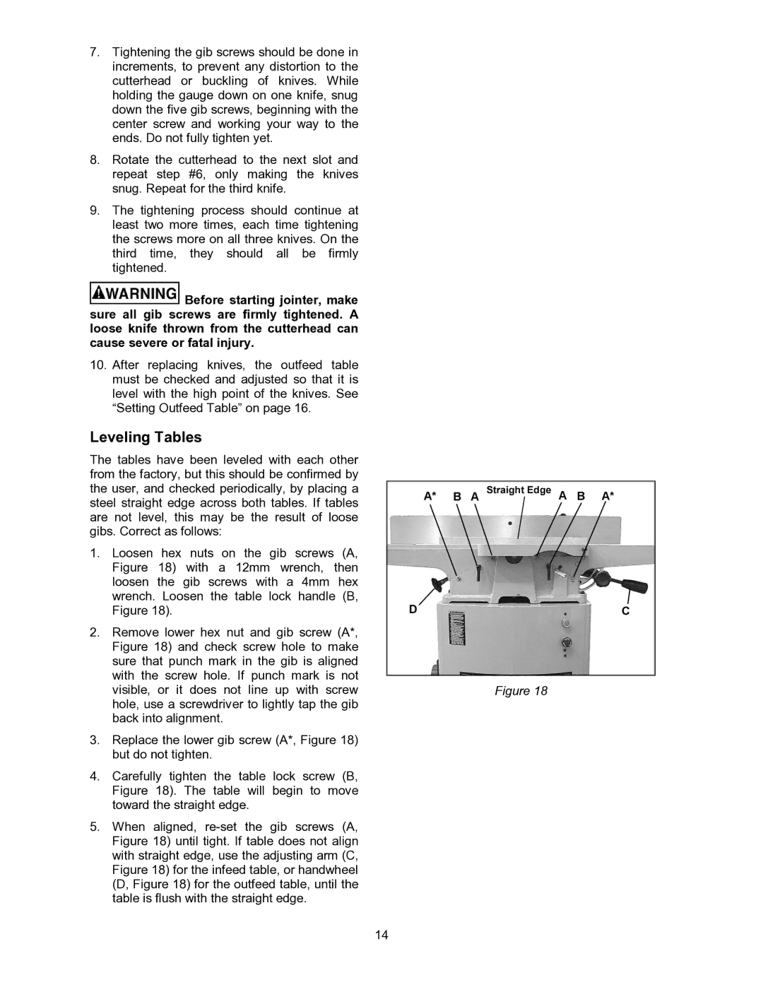 Powermatic 60B operating instructions Leveling Tables 