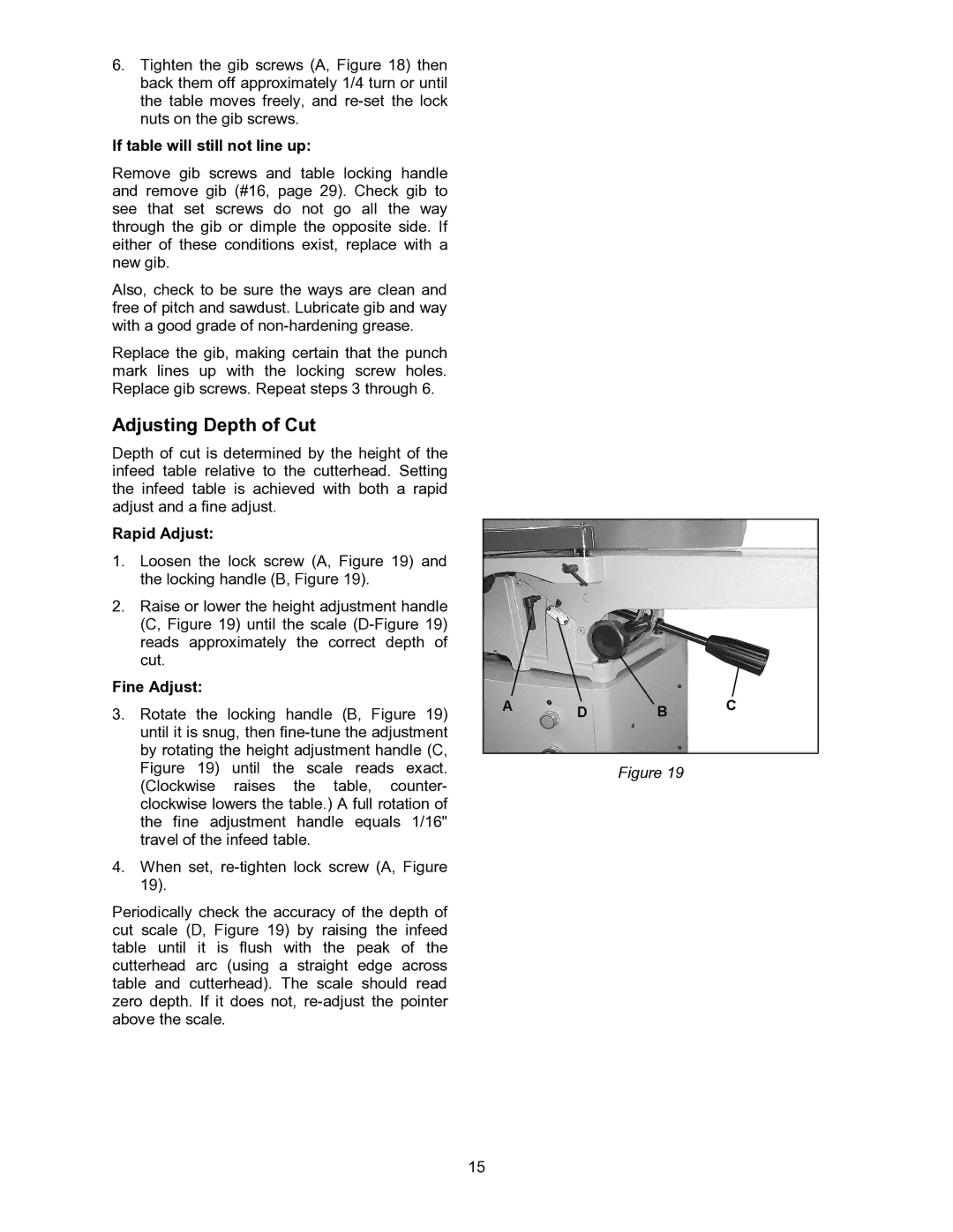 Powermatic 60B operating instructions Adjusting Depth of Cut, If table will still not line up, Rapid Adjust, Fine Adjust 