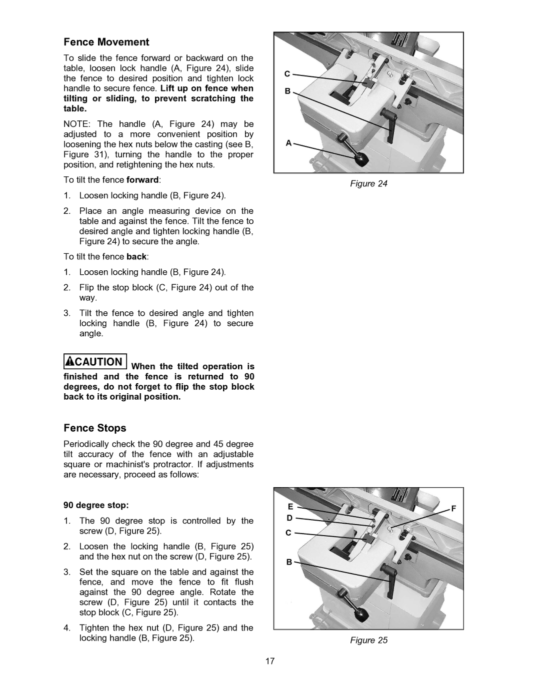 Powermatic 60B operating instructions Fence Movement, Fence Stops, Degree stop 