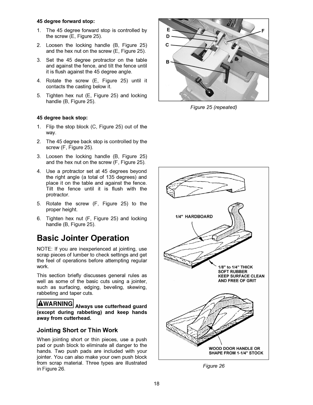 Powermatic 60B Basic Jointer Operation, Jointing Short or Thin Work, Degree forward stop, Degree back stop 