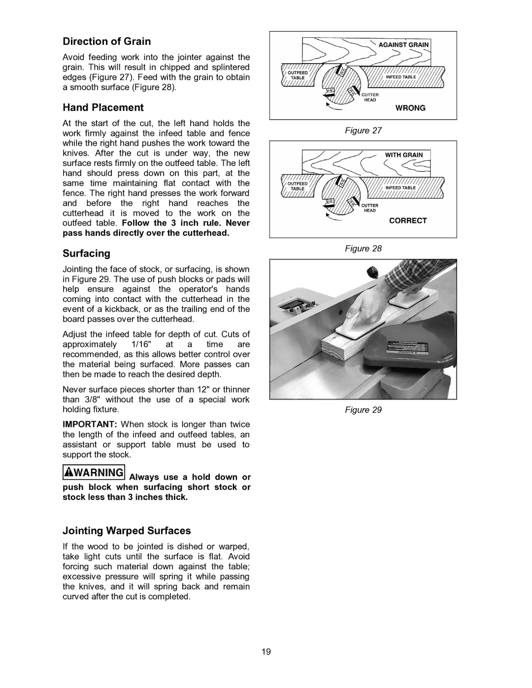 Powermatic 60B operating instructions Direction of Grain, Hand Placement, Surfacing, Jointing Warped Surfaces 