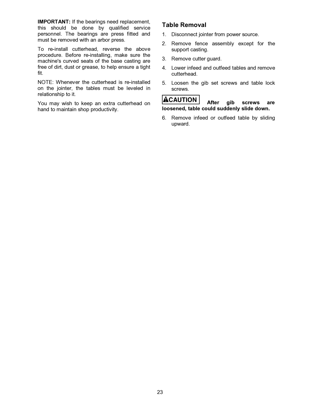 Powermatic 60B operating instructions Table Removal 