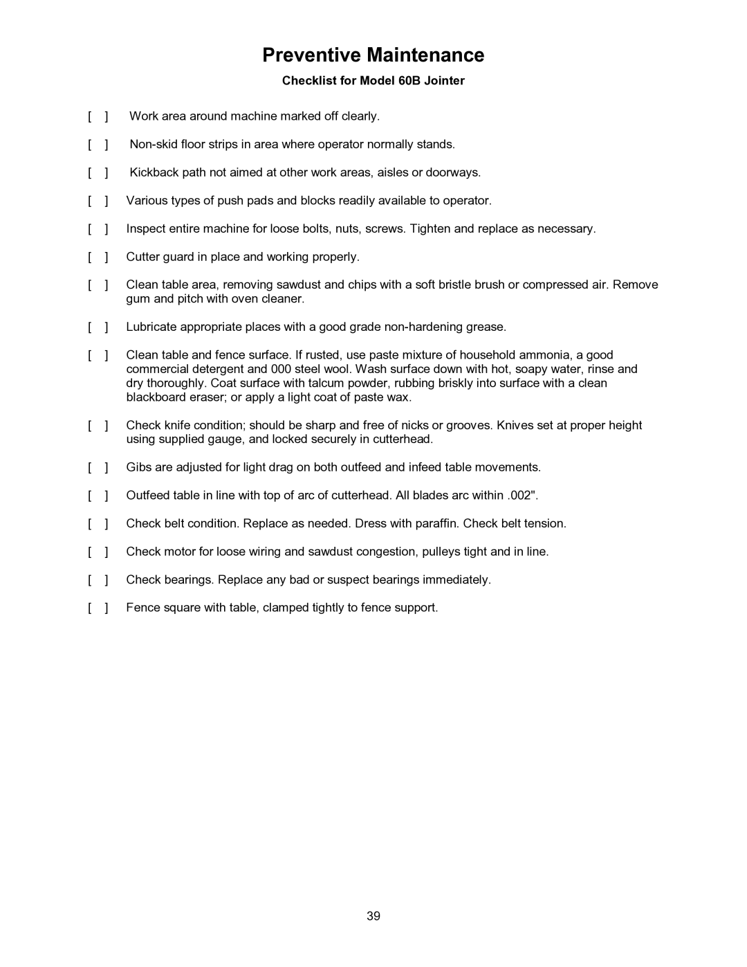 Powermatic operating instructions Preventive Maintenance, Checklist for Model 60B Jointer 