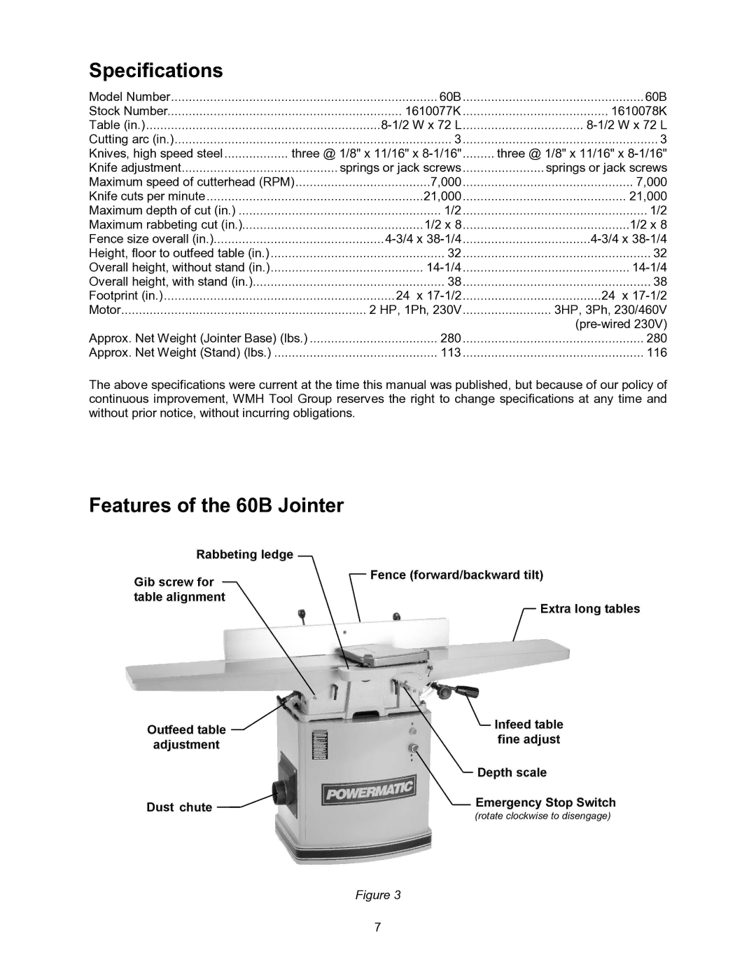 Powermatic operating instructions Specifications, Features of the 60B Jointer 