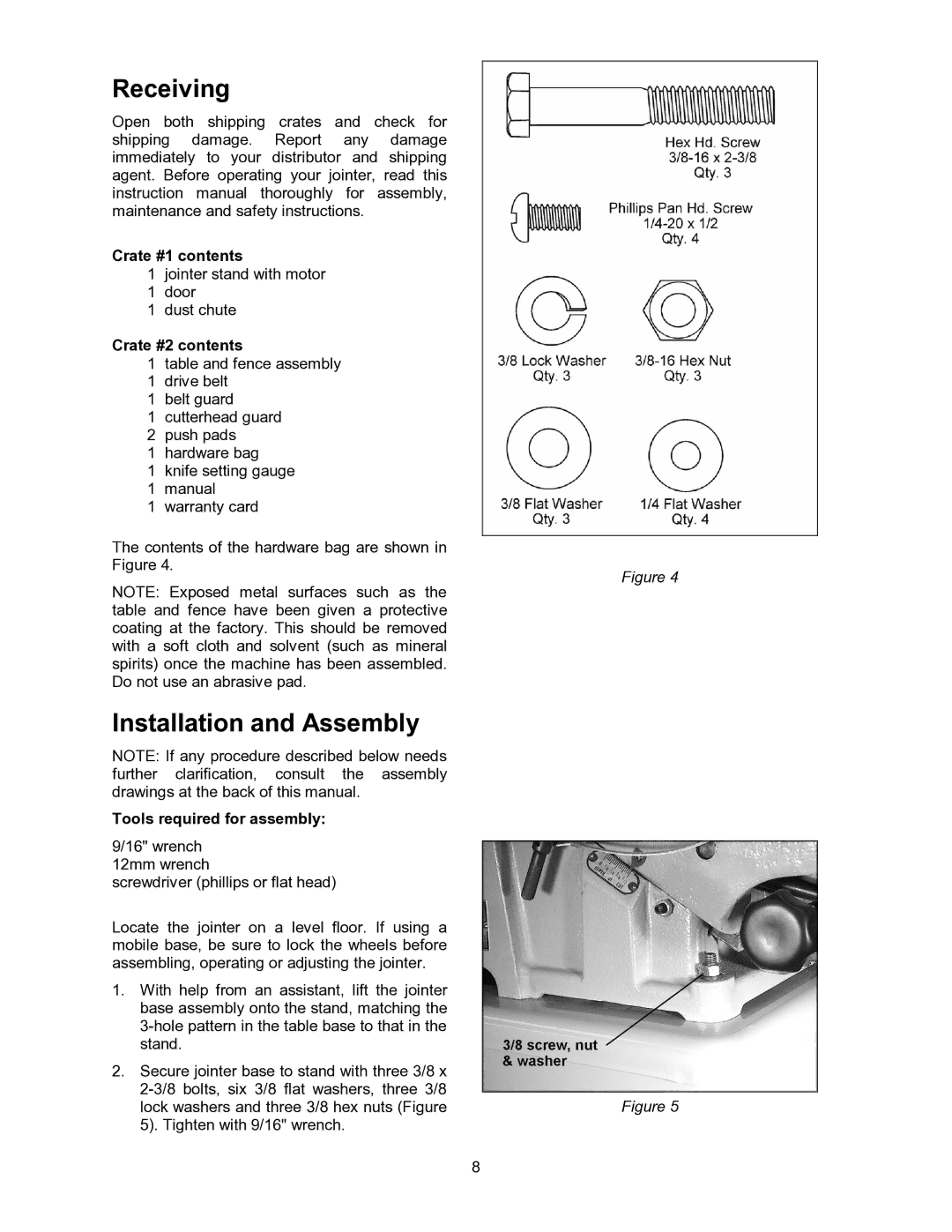 Powermatic 60B Receiving, Installation and Assembly, Crate #1 contents, Crate #2 contents, Tools required for assembly 