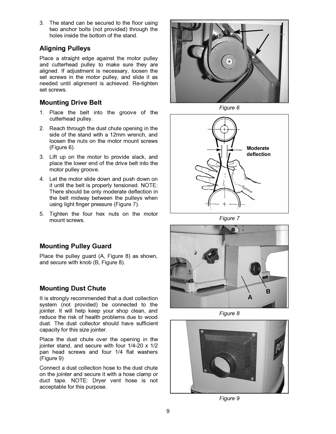 Powermatic 60B operating instructions Aligning Pulleys, Mounting Drive Belt, Mounting Pulley Guard, Mounting Dust Chute 