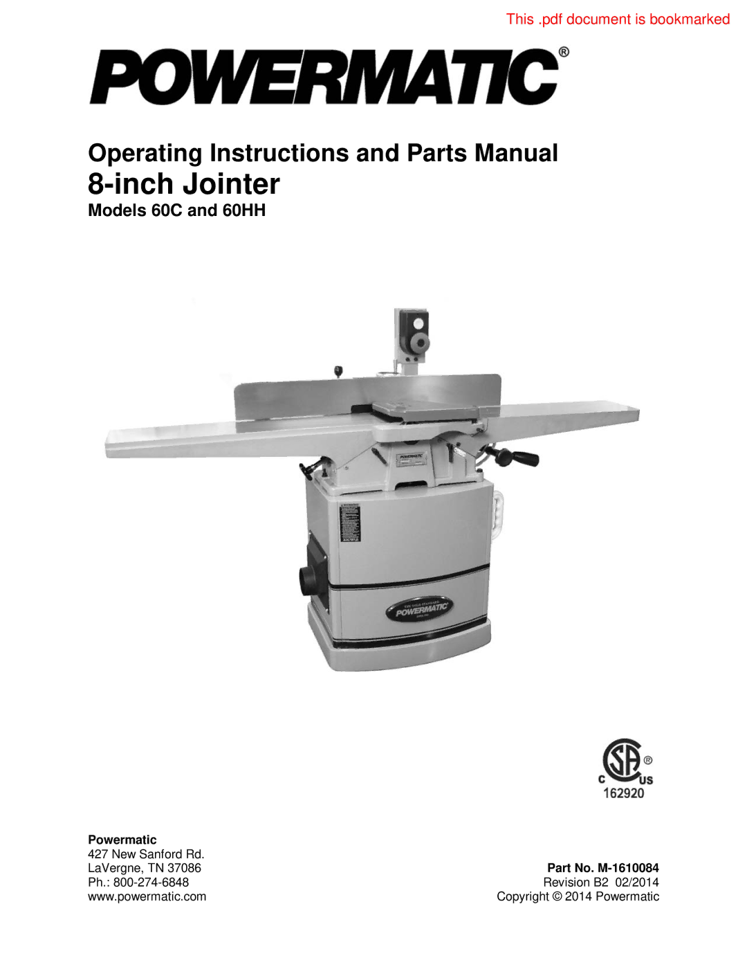 Powermatic 60HH, 60C operating instructions Powermatic, Part No. M-1610084 