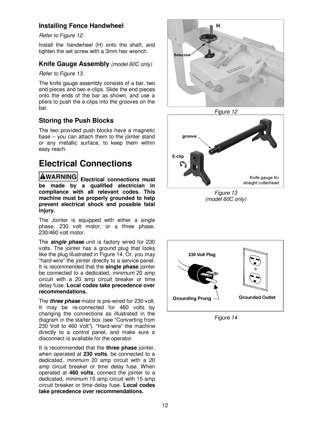 Powermatic Electrical Connections, Installing Fence Handwheel, Knife Gauge Assembly model 60C only, Model 60C only 