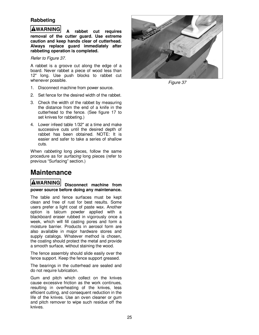 Powermatic 60HH, 60C operating instructions Maintenance, Rabbeting 