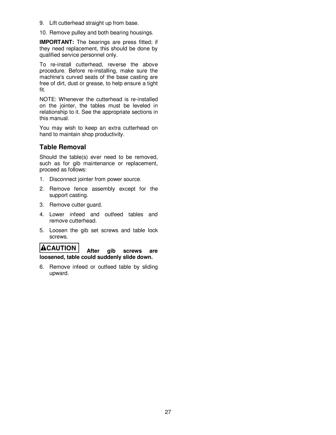 Powermatic 60HH, 60C operating instructions Table Removal 