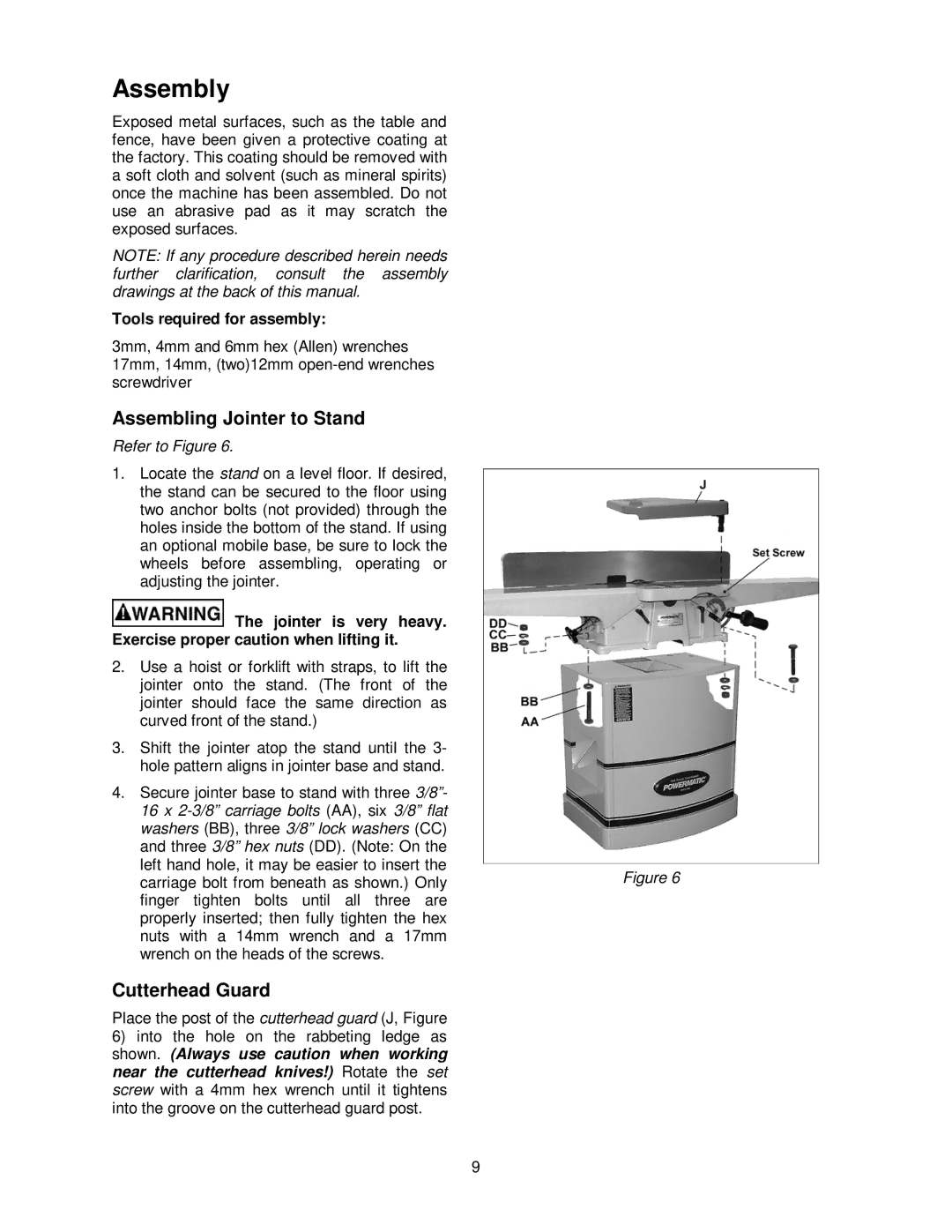 Powermatic 60HH, 60C Assembly, Assembling Jointer to Stand, Cutterhead Guard, Tools required for assembly, Refer to Figure 