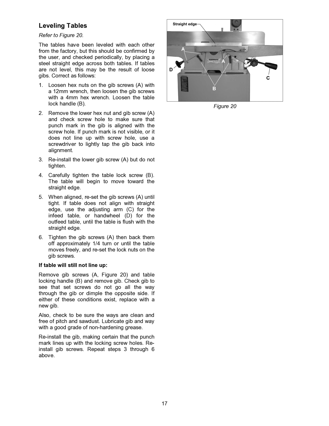 Powermatic 60HH, 60C operating instructions Leveling Tables, If table will still not line up 