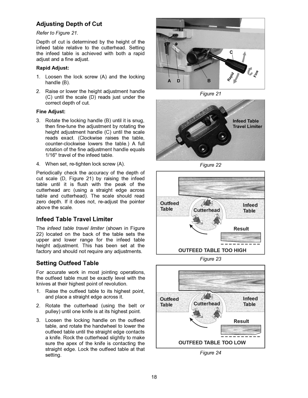 Powermatic 60C, 60HH Adjusting Depth of Cut, Infeed Table Travel Limiter, Setting Outfeed Table, Rapid Adjust, Fine Adjust 