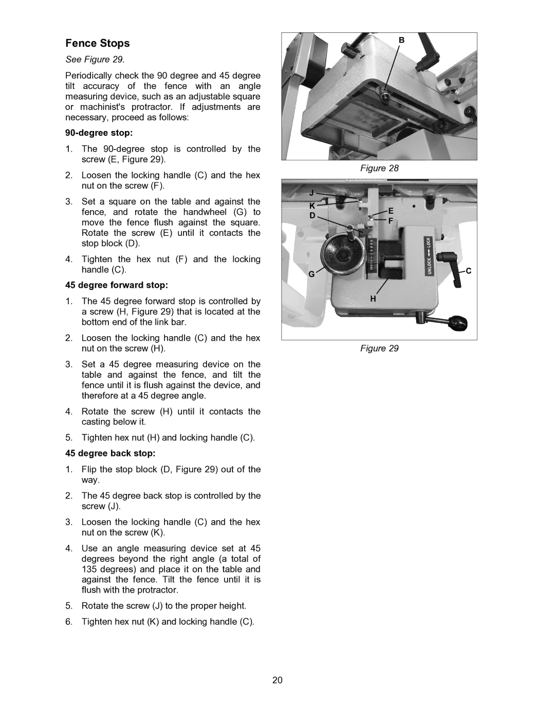 Powermatic 60C, 60HH operating instructions Fence Stops, See Figure, Degree stop, Degree forward stop, Degree back stop 