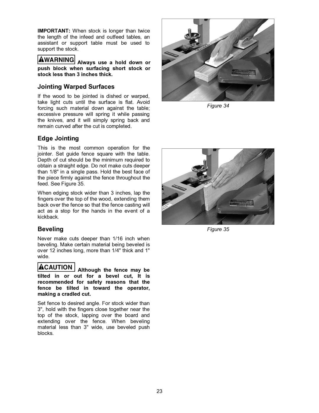 Powermatic 60HH, 60C operating instructions Jointing Warped Surfaces, Edge Jointing, Beveling 