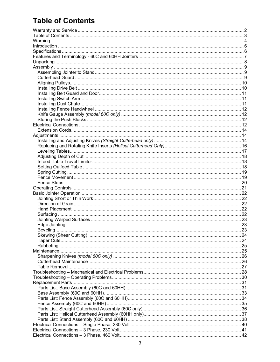 Powermatic 60HH, 60C operating instructions Table of Contents 