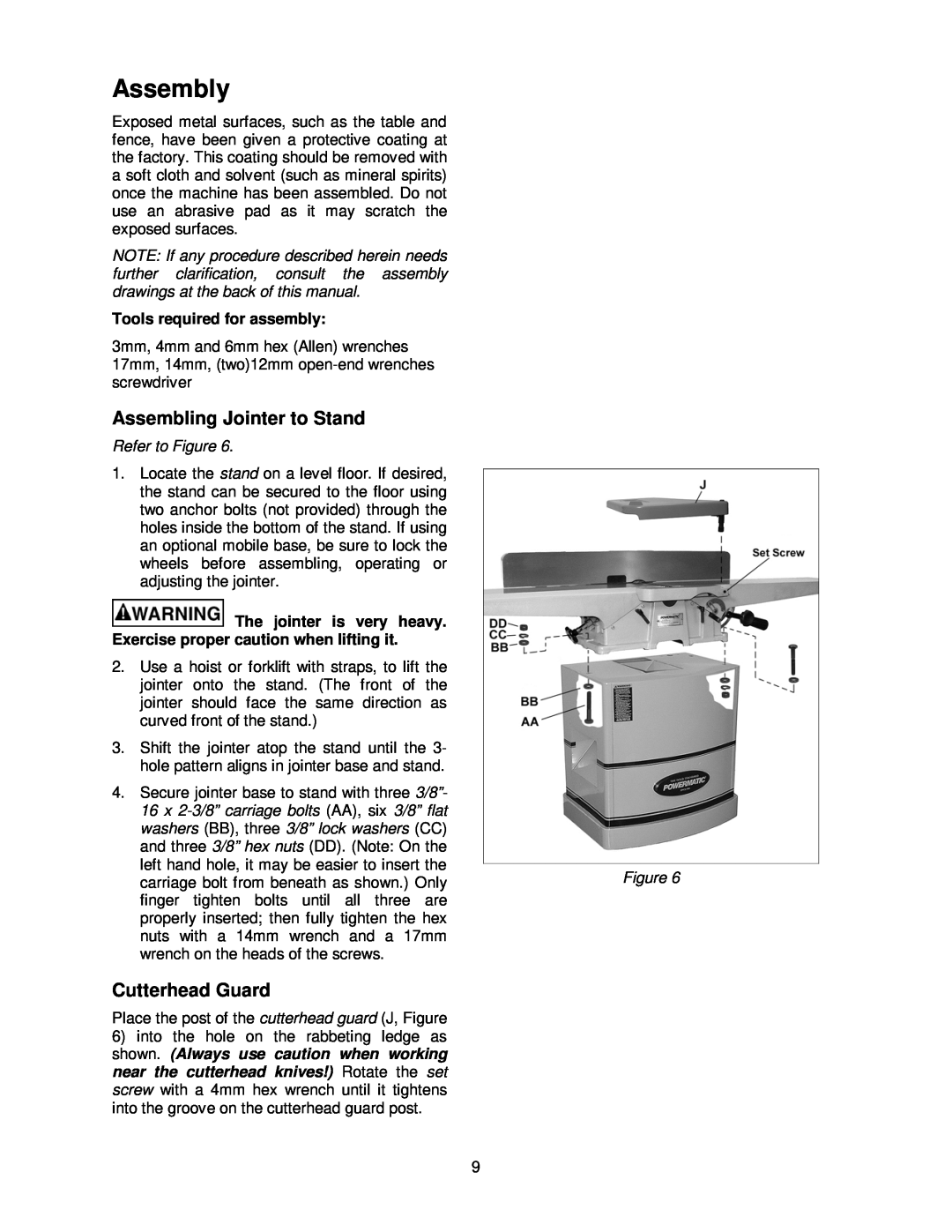 Powermatic 60HH, 60C Assembly, Assembling Jointer to Stand, Cutterhead Guard, Tools required for assembly, Refer to Figure 