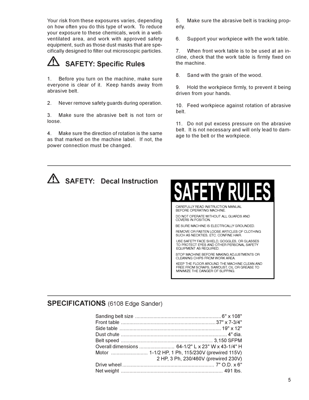 Powermatic 6108 instruction manual Safety Specific Rules 