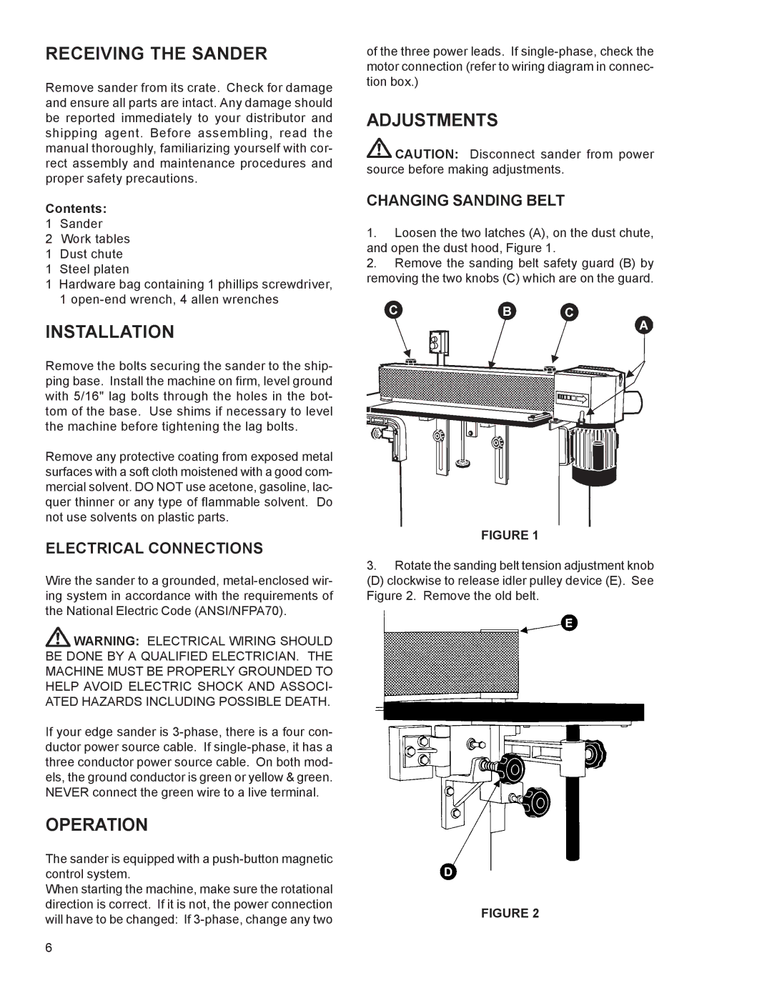 Powermatic 6108 instruction manual Receiving the Sander, Installation, Operation, Adjustments 