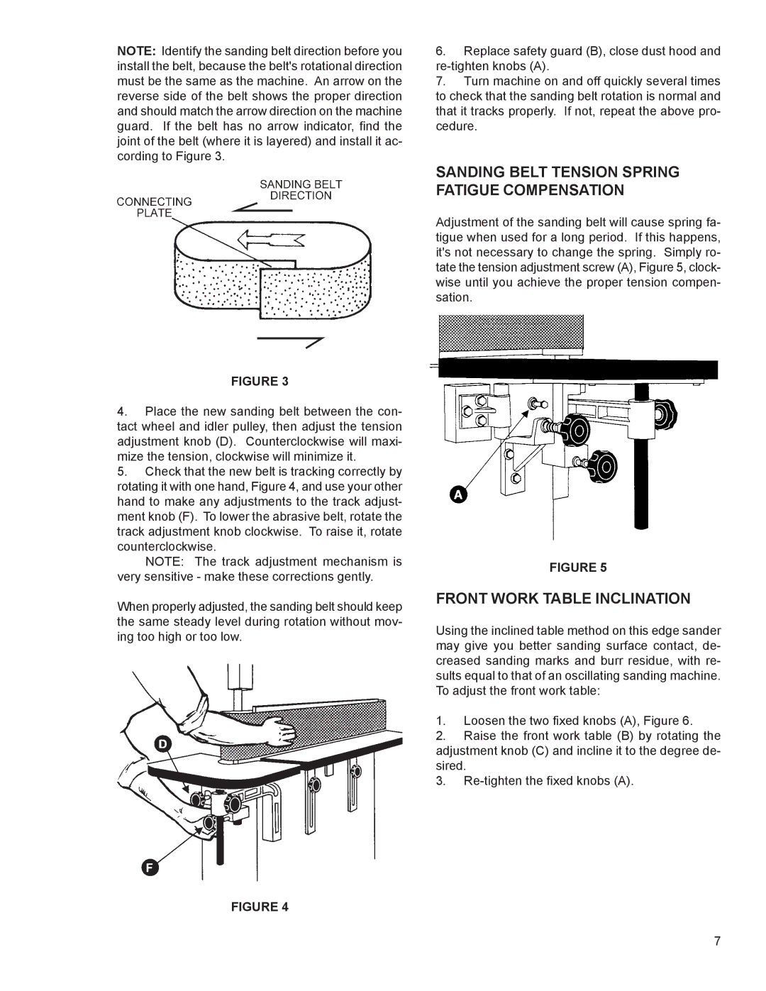 Powermatic 6108 instruction manual Sanding Belt Tension Spring Fatigue Compensation, Front Work Table Inclination 