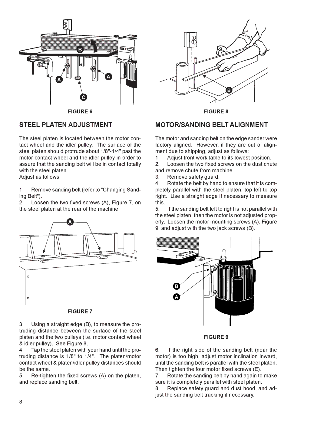 Powermatic 6108 instruction manual Steel Platen Adjustment, MOTOR/SANDING Belt Alignment 