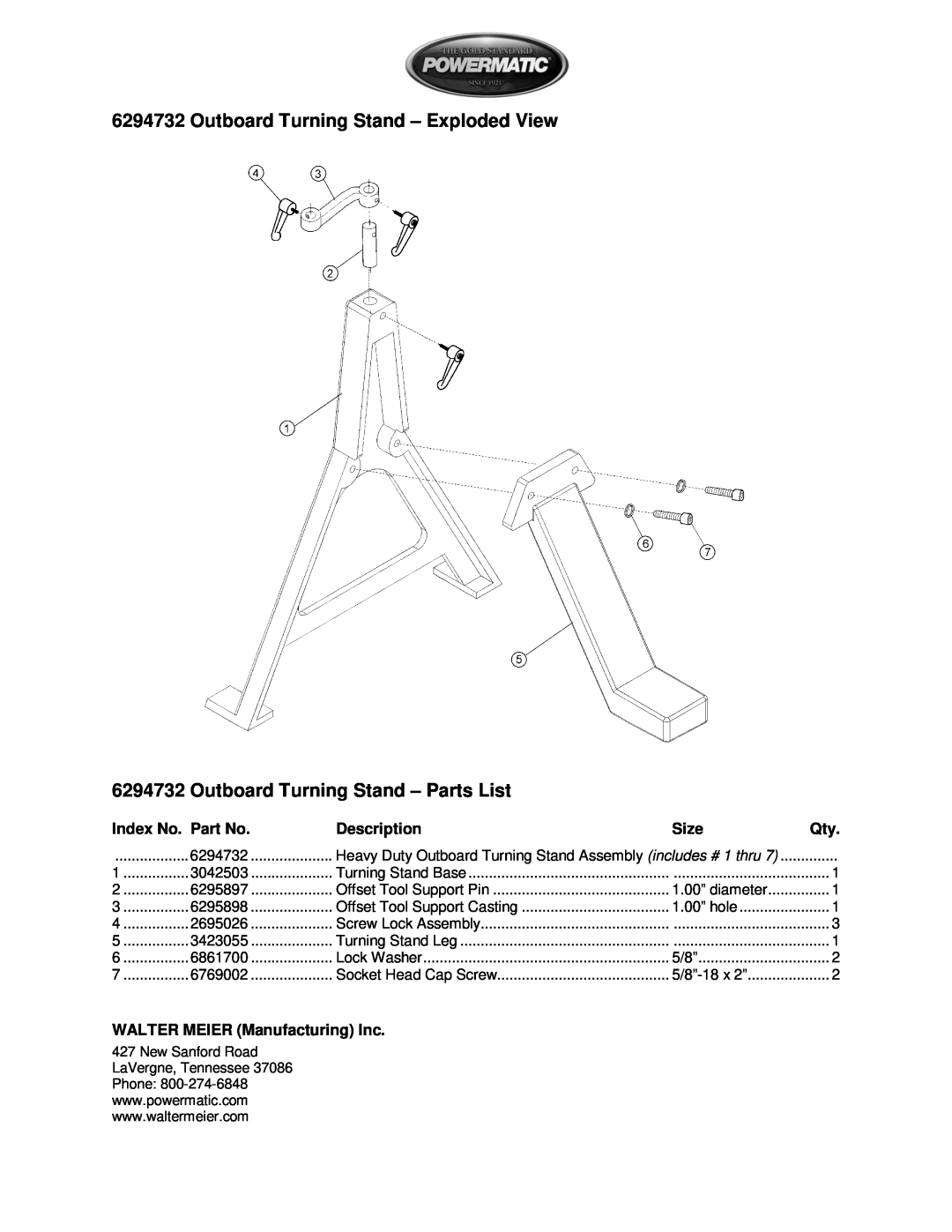 Powermatic 6294732 manual Outboard Turning Stand - Exploded View, Outboard Turning Stand - Parts List, Index No. Part No 