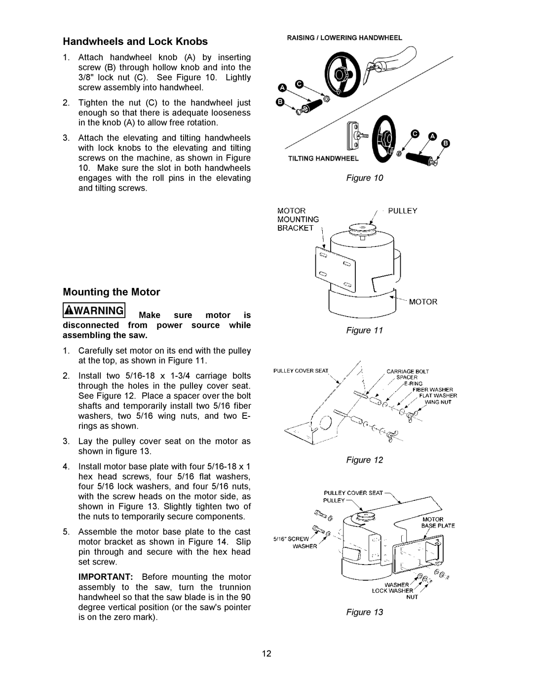 Powermatic 64A, 1791228K operating instructions Handwheels and Lock Knobs, Mounting the Motor 