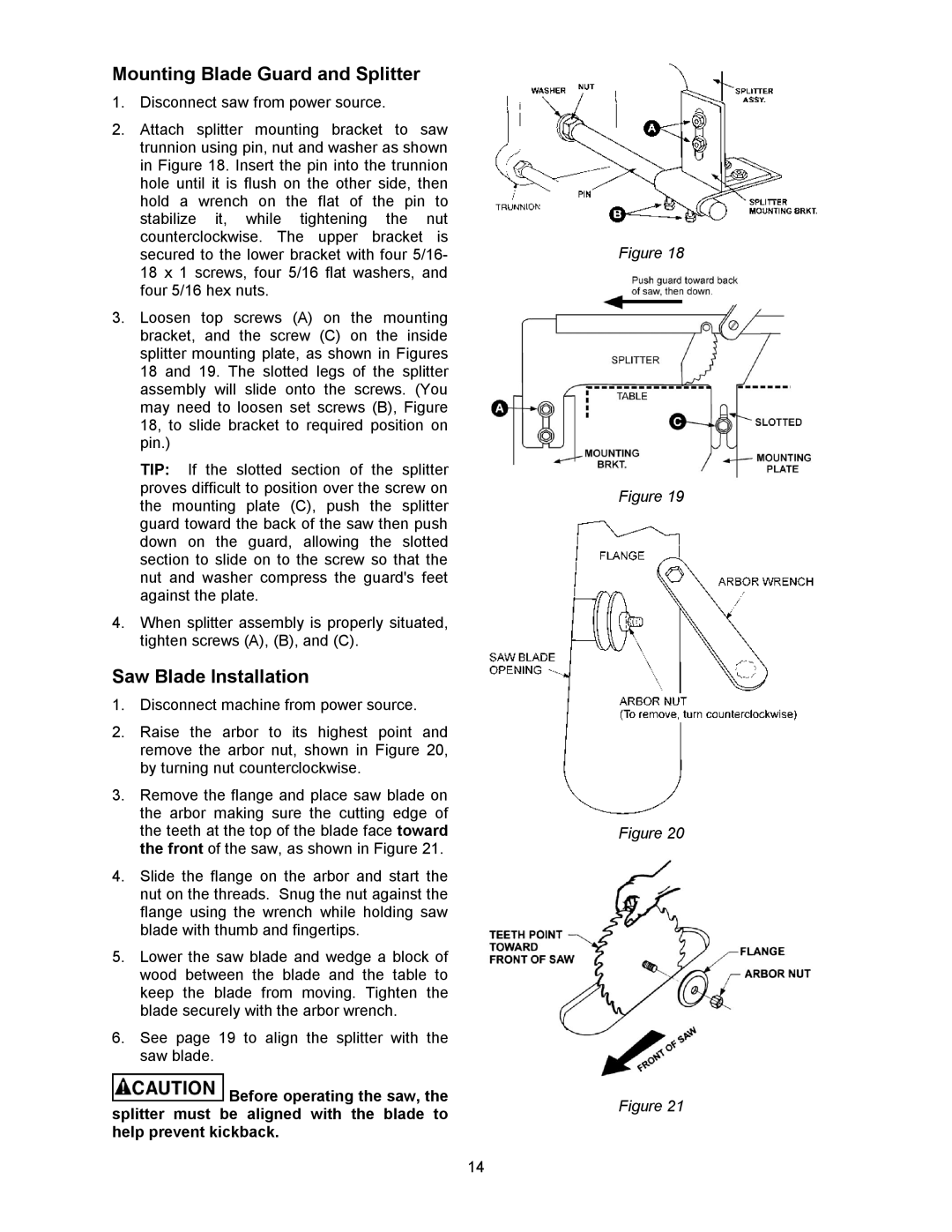 Powermatic 64A, 1791228K operating instructions Mounting Blade Guard and Splitter, Saw Blade Installation 