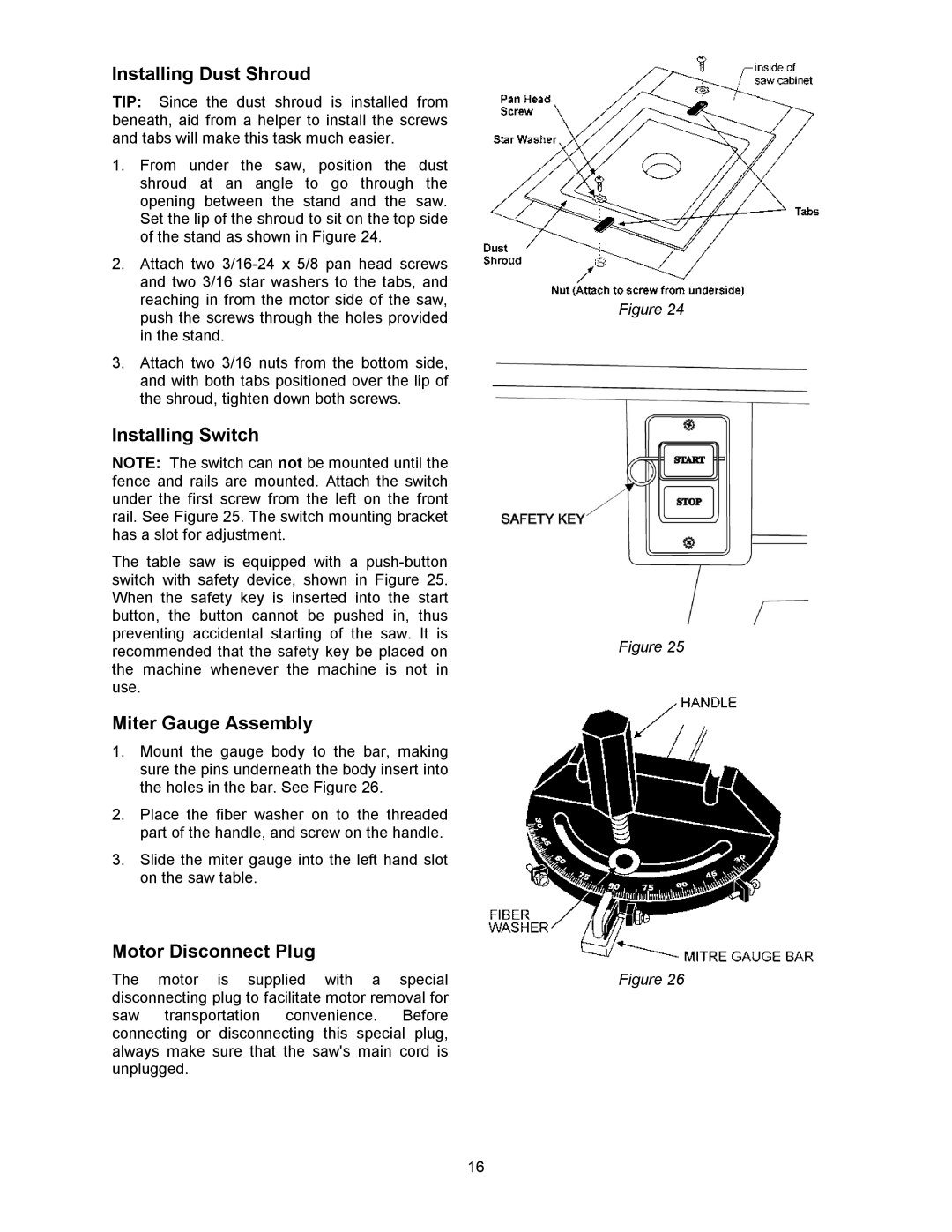 Powermatic 64A, 1791228K Installing Dust Shroud, Installing Switch, Miter Gauge Assembly, Motor Disconnect Plug 