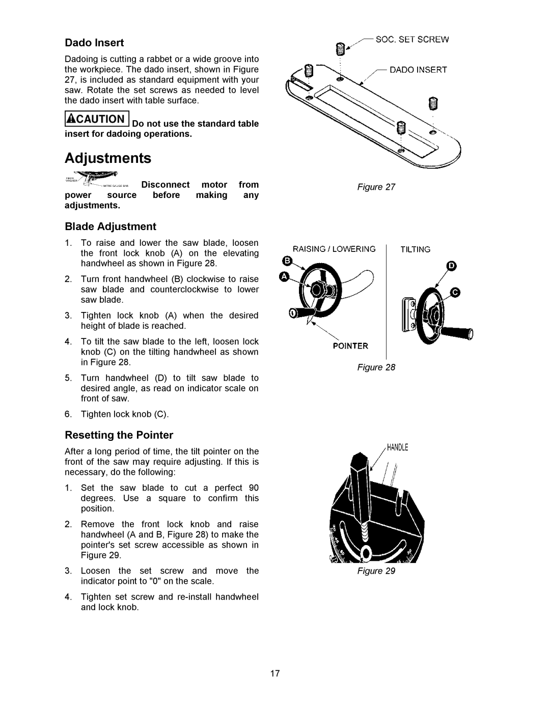 Powermatic 1791228K, 64A operating instructions Adjustments, Dado Insert, Blade Adjustment, Resetting the Pointer 