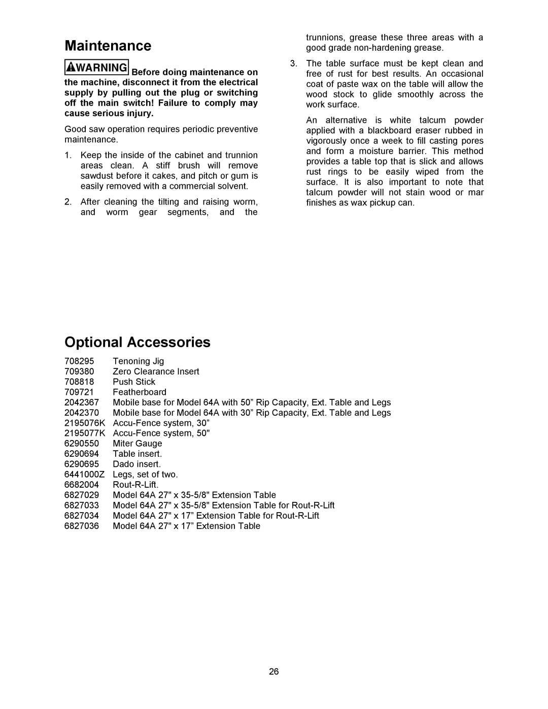 Powermatic 64A, 1791228K operating instructions Maintenance, Optional Accessories 