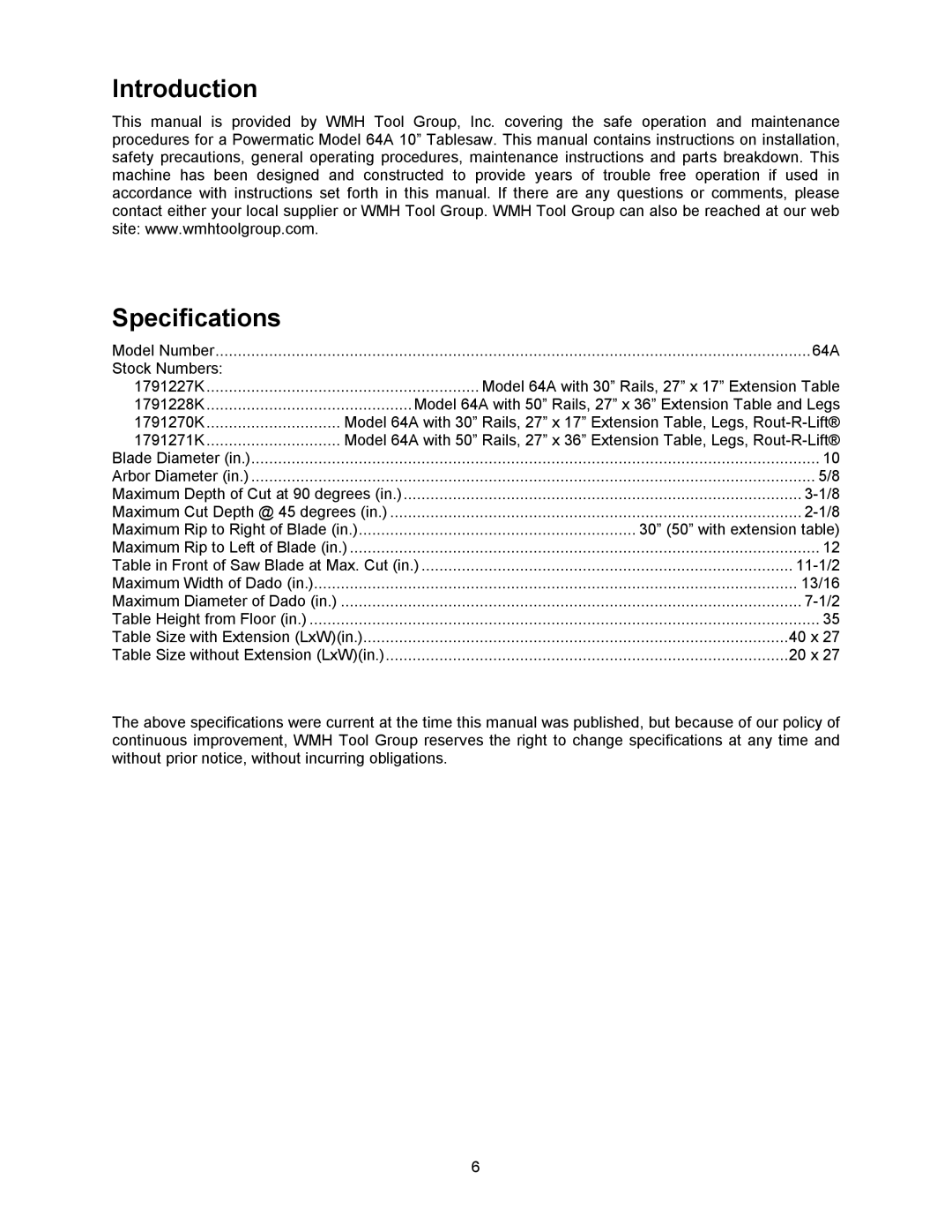 Powermatic 64A, 1791228K operating instructions Introduction Specifications 