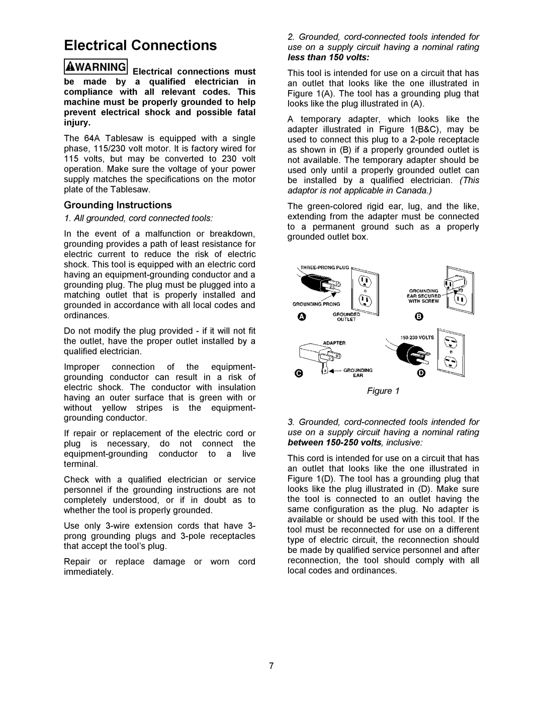 Powermatic 1791228K, 64A operating instructions Electrical Connections, Grounding Instructions 