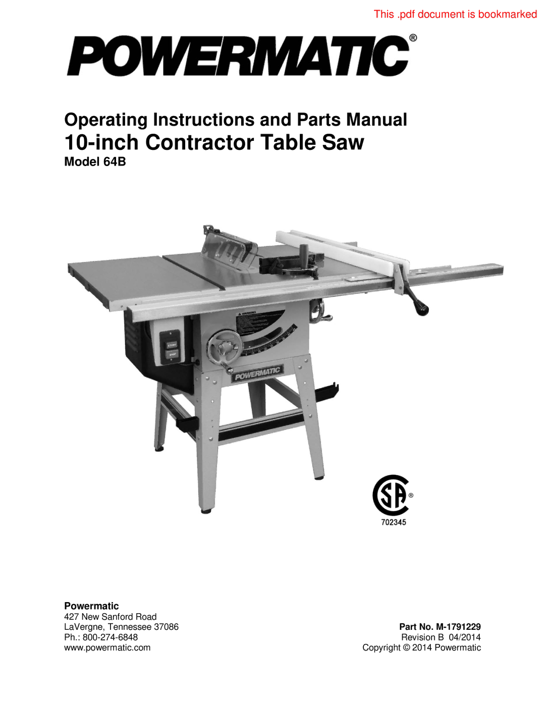 Powermatic 64B operating instructions Powermatic, Part No. M-1791229 