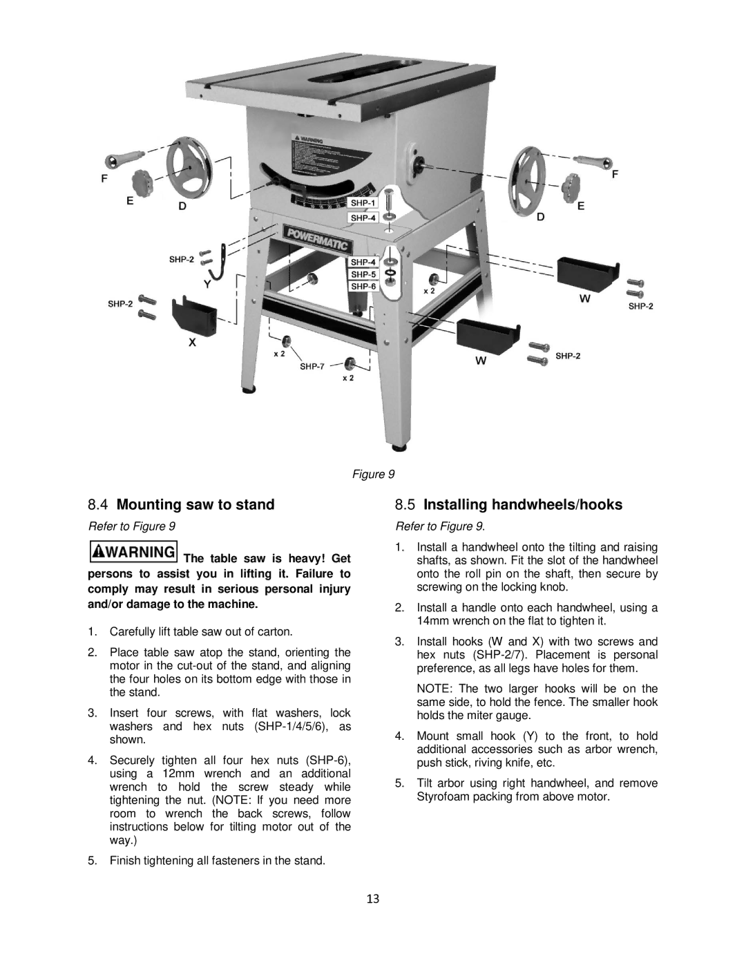 Powermatic 64B operating instructions Mounting saw to stand, Installing handwheels/hooks 