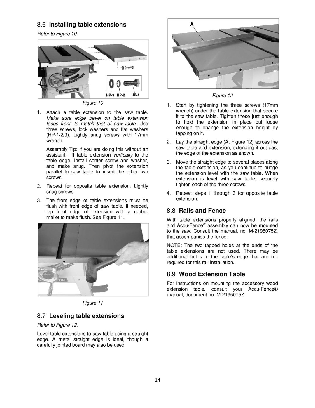 Powermatic 64B Installing table extensions, Leveling table extensions, Rails and Fence, Wood Extension Table 