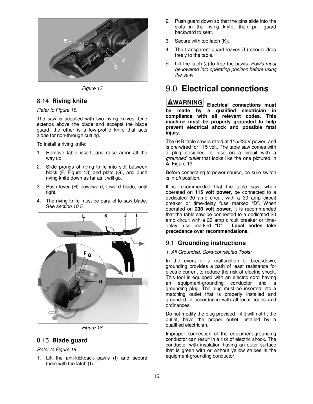 Powermatic 64B operating instructions Electrical connections, Riving knife, Blade guard, Grounding instructions 