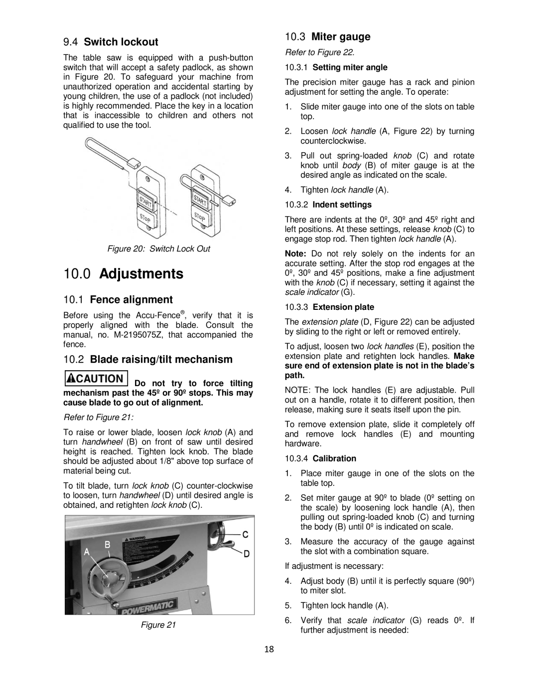 Powermatic 64B Adjustments, Switch lockout, Fence alignment, Blade raising/tilt mechanism, Miter gauge 