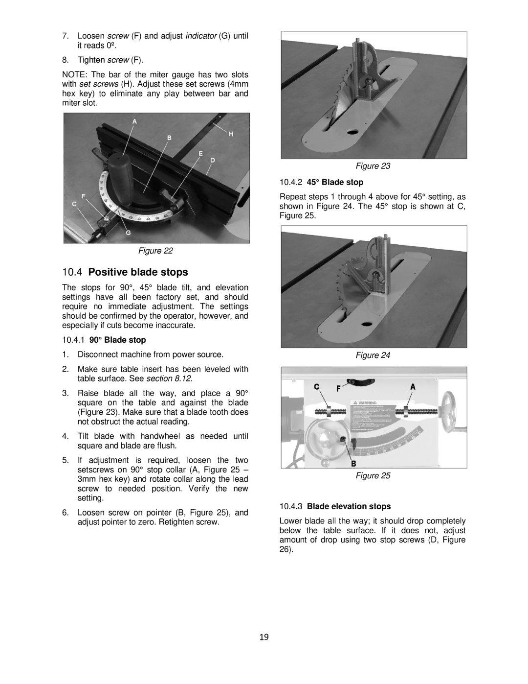 Powermatic 64B Positive blade stops, 10.4.1 90 Blade stop, 10.4.2 45 Blade stop, Blade elevation stops 