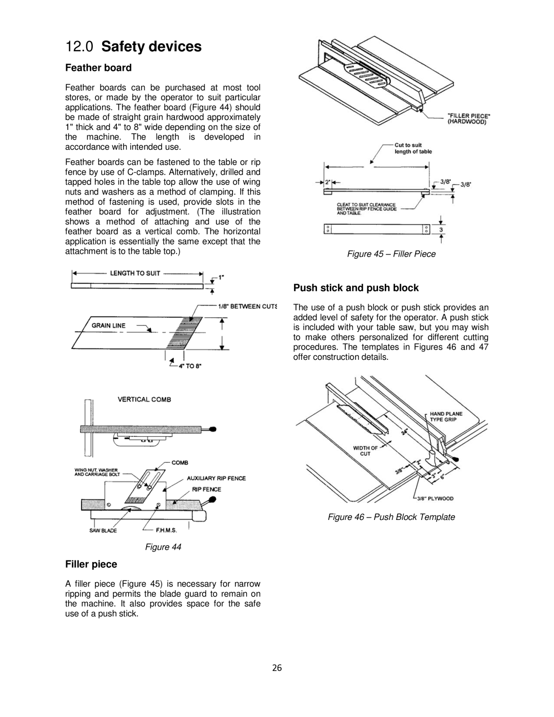 Powermatic 64B operating instructions Safety devices, Feather board, Push stick and push block, Filler piece 