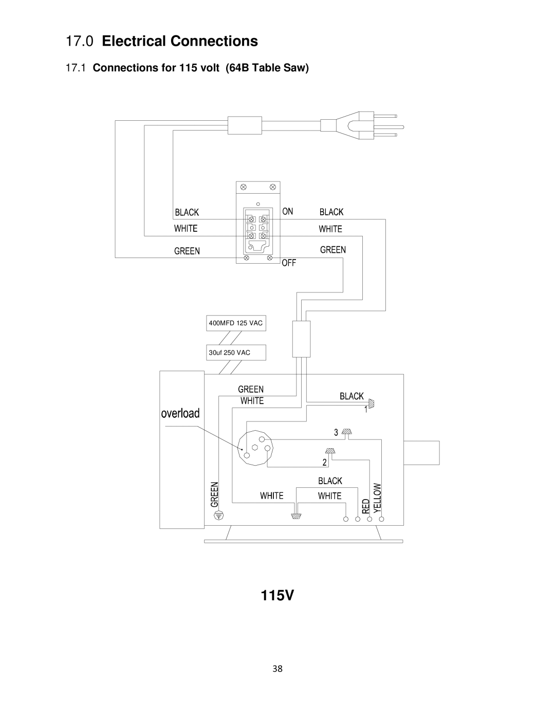 Powermatic operating instructions 115V, Connections for 115 volt 64B Table Saw 