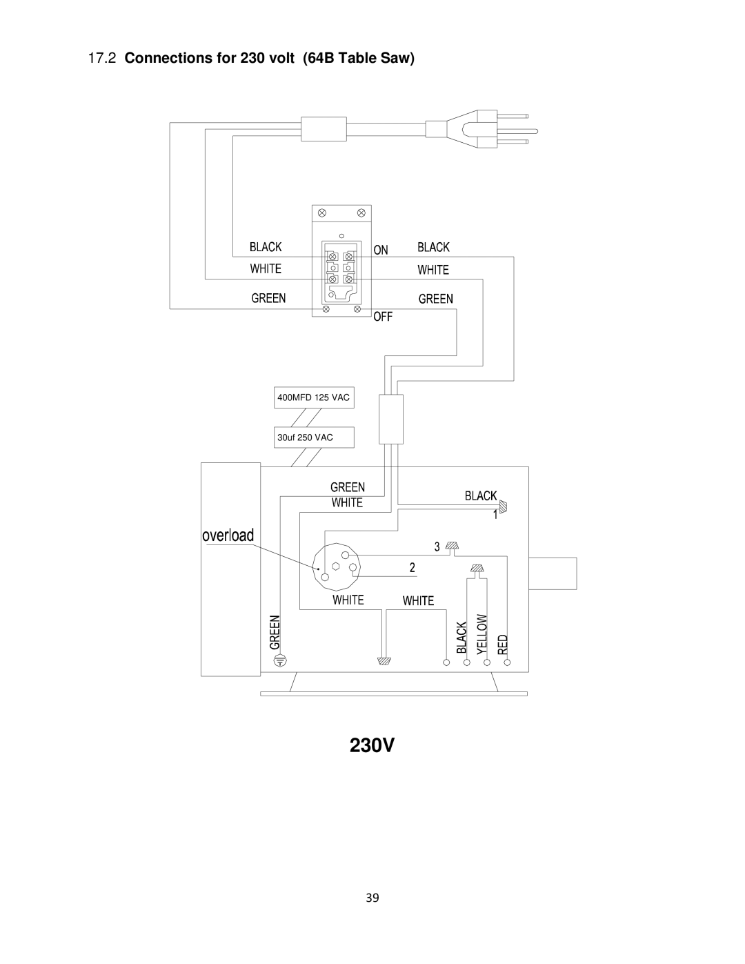 Powermatic operating instructions 230V, Connections for 230 volt 64B Table Saw 