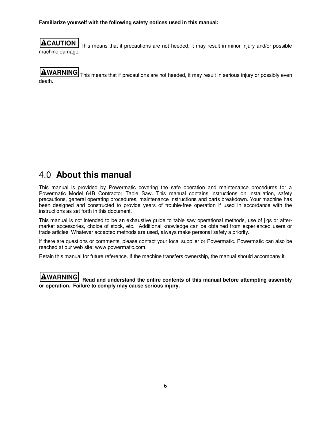 Powermatic 64B operating instructions About this manual 