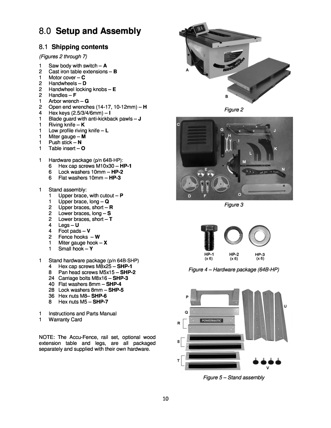 Powermatic 64B operating instructions Setup and Assembly, Shipping contents 
