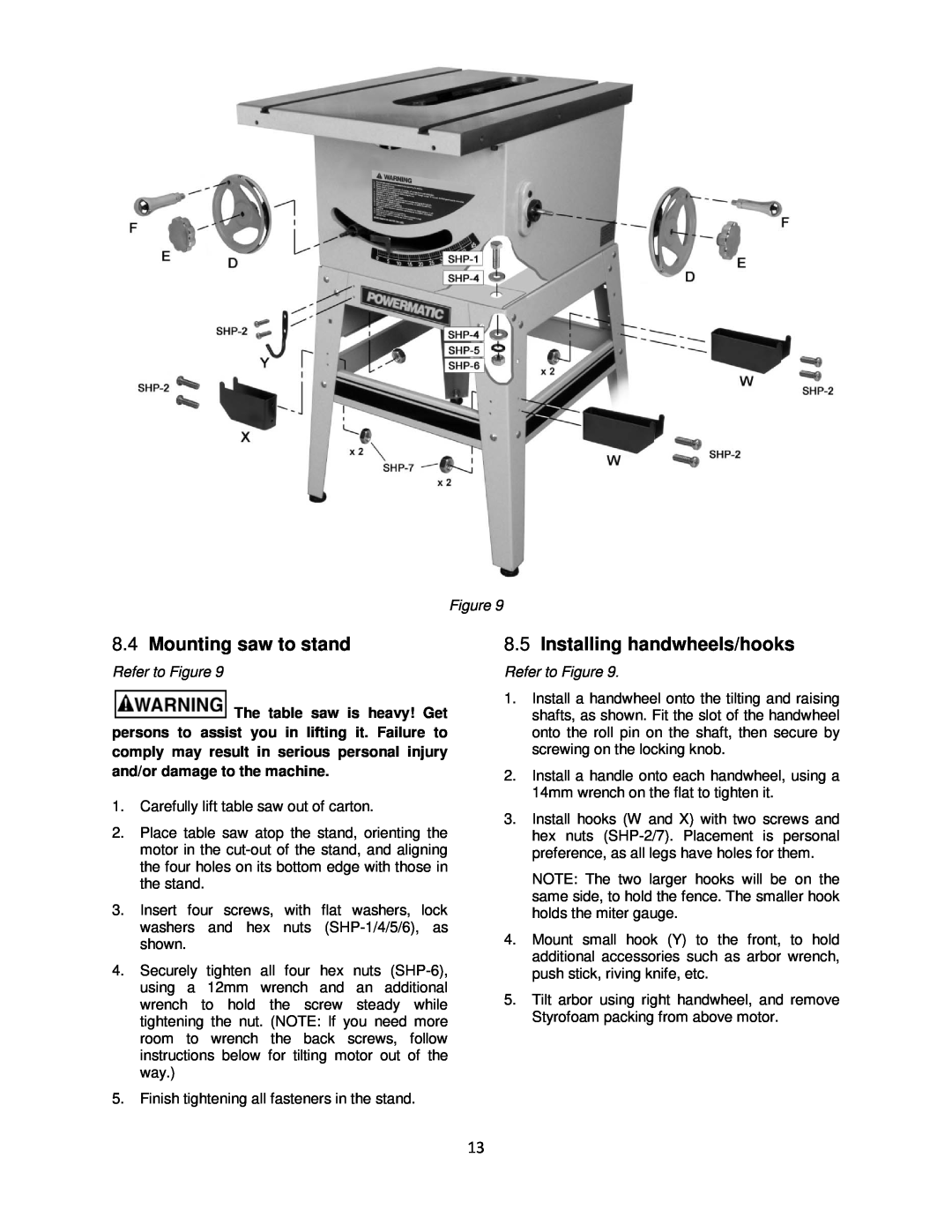 Powermatic 64B operating instructions Mounting saw to stand, Installing handwheels/hooks 