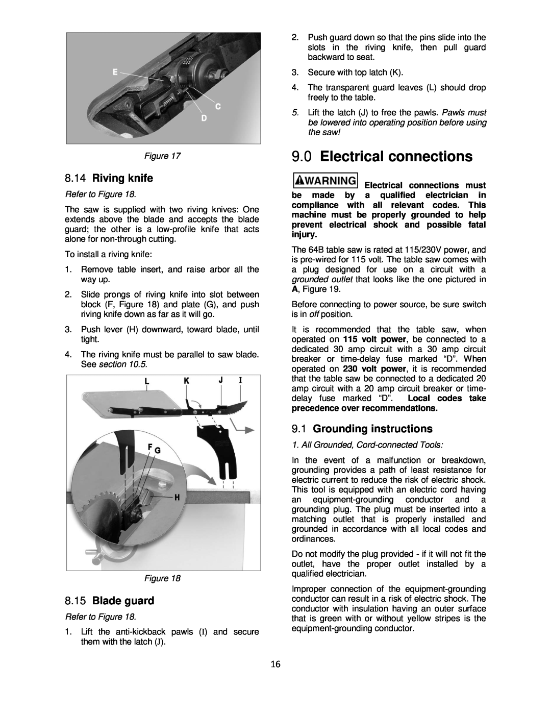 Powermatic 64B operating instructions Electrical connections, Riving knife, Blade guard, Grounding instructions 